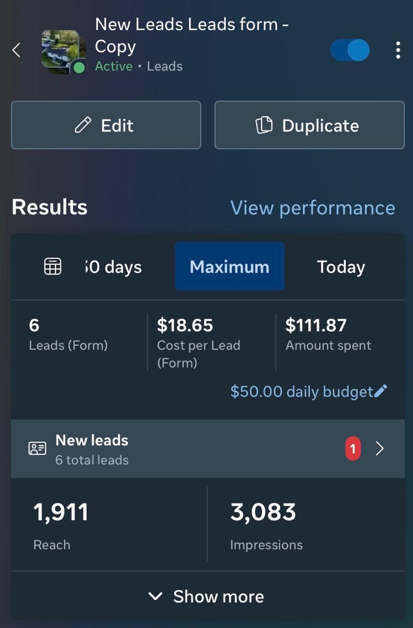 Live campaign dashboard showing 6 new leads generated